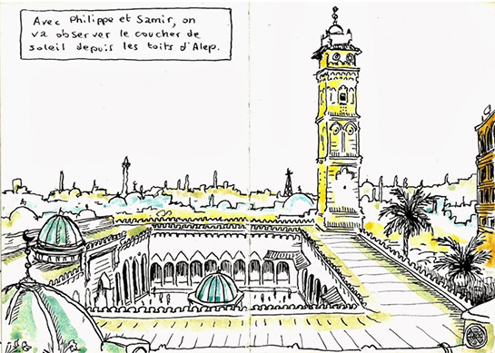 //I went with Phillipe and Samir to watch the sunset from the rooftop of Aleppo