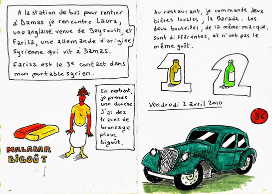 //At the bus station for going back to Damascus, I meet Laura, an English woman coming from Beirut, and Farisa, a German of Syrian descent who lives in Damascus. Farisa is the third contact in my Syrian phone.. Coming back, I take a shower. I have a farmer’s tan.  - At the restaurant, I order two local beers, Al-Barada. The two bottles, from the same brand, are different and don’t have the same taste.