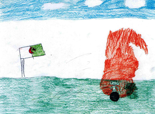 //Dessin de Safaa B., 10 ans, habitante de la wilaya de Tebessa, à la frontière tunisienne, qui le commente: « Une fille a marché sur une mine qui a explosé sur elle ». Ce dessin a été réalisé dans le cadre de séances de sensibilisation aux risques des mines antipersonnel pour les enfants des zones à risque. Il a été publié dans le recueil La mine antipersonnel… de maux en mots (éd. Kaiser, 2013).