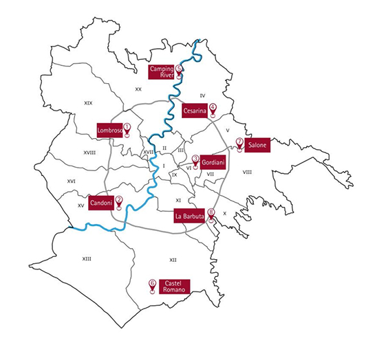 //Carte du rapport Campi nomadi S.P.A. de l’Association 21 luglio, sur les plus grands ‘villages de la Solidarité’ de Rome. Le camp de la Cesarina a été fermé en 2013.