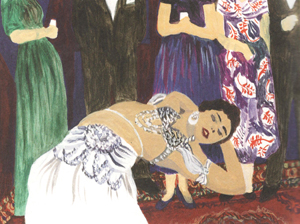 //C'est Badia Massabni qui inventa cette tenue dénudée constitiuée de deux pièces de mousseline, ornée de sequins.