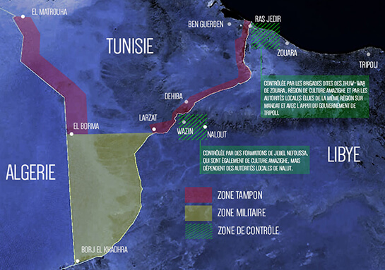 //Infographie des zones de contrôle coté libyen des postes frontaliers de Ras Jedir et de Dehiba