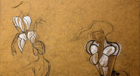 //Pour ses créations, Cléo fait quelques dessins sur planche qu’elle accroche dans son atelier.