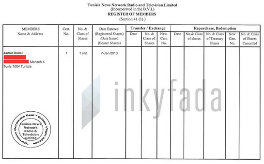 //Registre des actionnaires de la société TNN Radio and Television Limited.