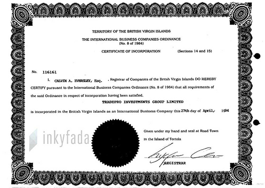 //Certificat d’enregistrement de Tradepro Investments Group Limited.