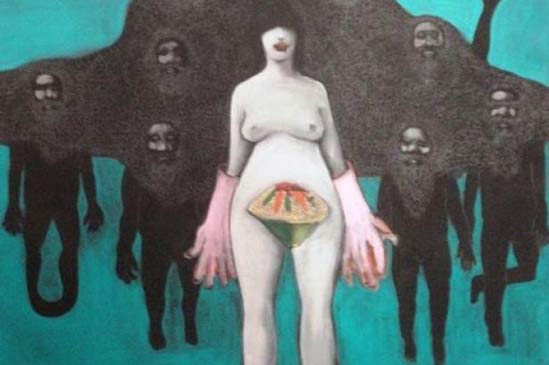 //Mohamed Ben Slama « Couscous à l'agneau » Technique : peinture à l'huile sur toile  dimension 150  * 150 cm, 2011.