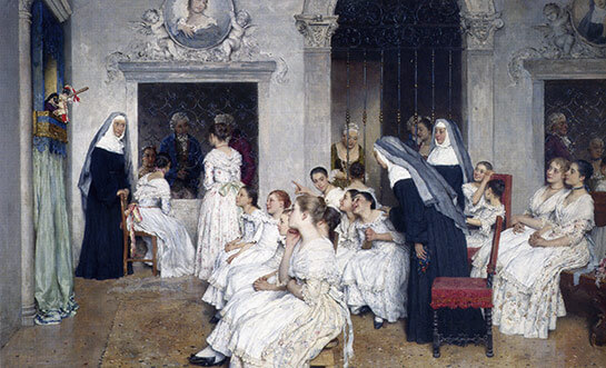 //Eugenio De Blaas, “Pulcinella in convento”, olio su tela