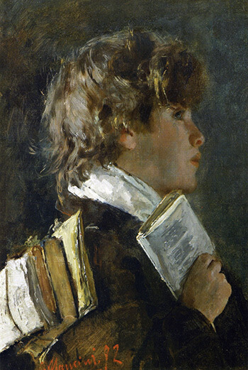 //Antonio Mancini, “L’ecolier portant les livres”, olio su tela