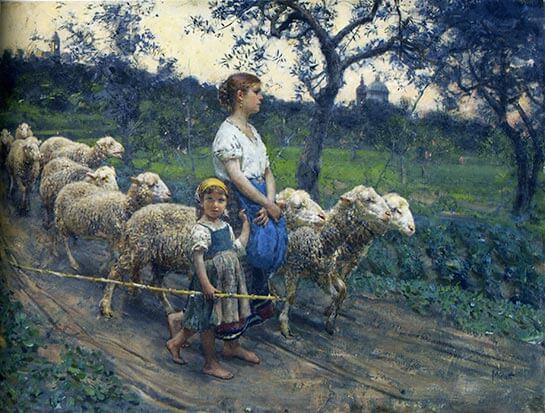 //Francesco Paolo Micchetti, “Gardeuse de mouton avec un enfant”, olio su tavola