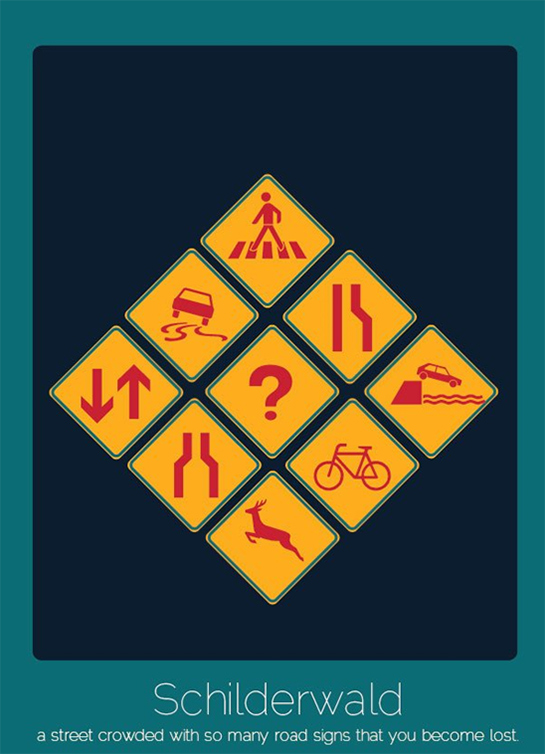 //19. Schilderwald (tedesco): quando una strada è piena di cartelli stradali e non si capisce nulla