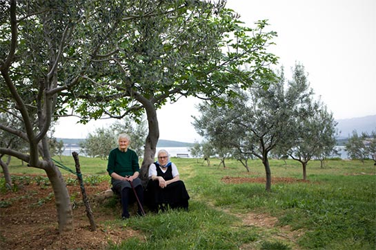 //Due anziane riposano sotto un ulivo sulla spiaggia di Gornj Karin.