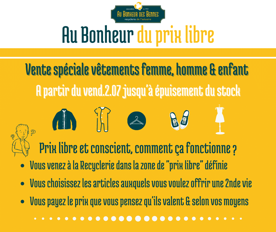 Vente prix libre femme homme enfant vacances réemloi été recyclerie au bonheur des bennes saint nazaire 44