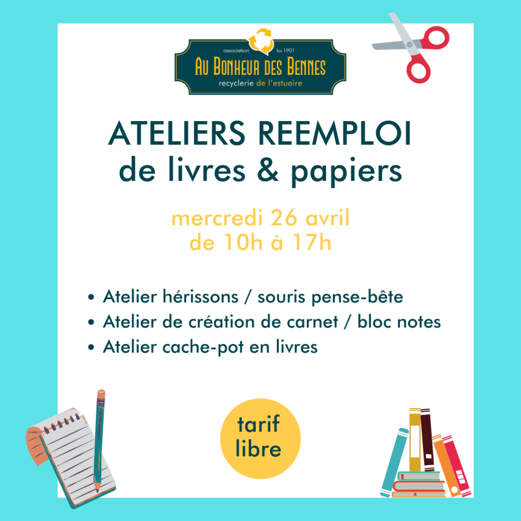 ateliers réemploi de livres et papiers 26 avril 2023 à la recyclerie Au Bonheur des Bennes, Saint Nazaire 44