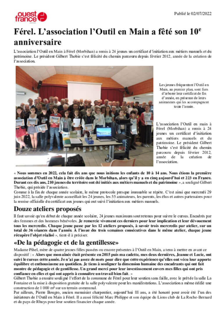 Férel (56), l’association L’Outil en Main a fêté son 10e anniversaire - Ouest-France | L'Outil en Main France