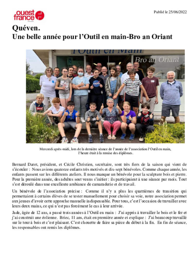 Quéven (56), Une belle année pour l’Outil en main-Bro an Oriant - Ouest-France | L'Outil en Main France
