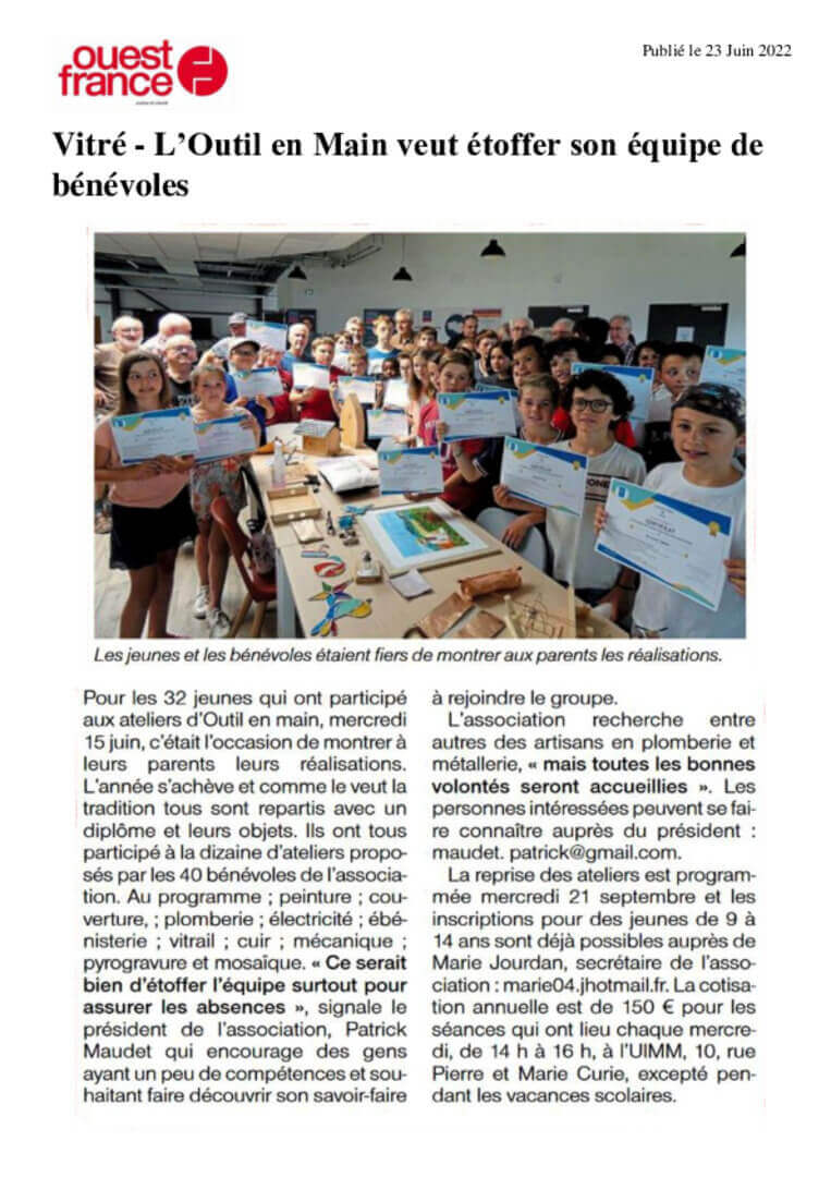 Vitré (35) - L’Outil en Main veut étoffer son équipe de bénévoles - Ouest-France | L'Outil en Main France