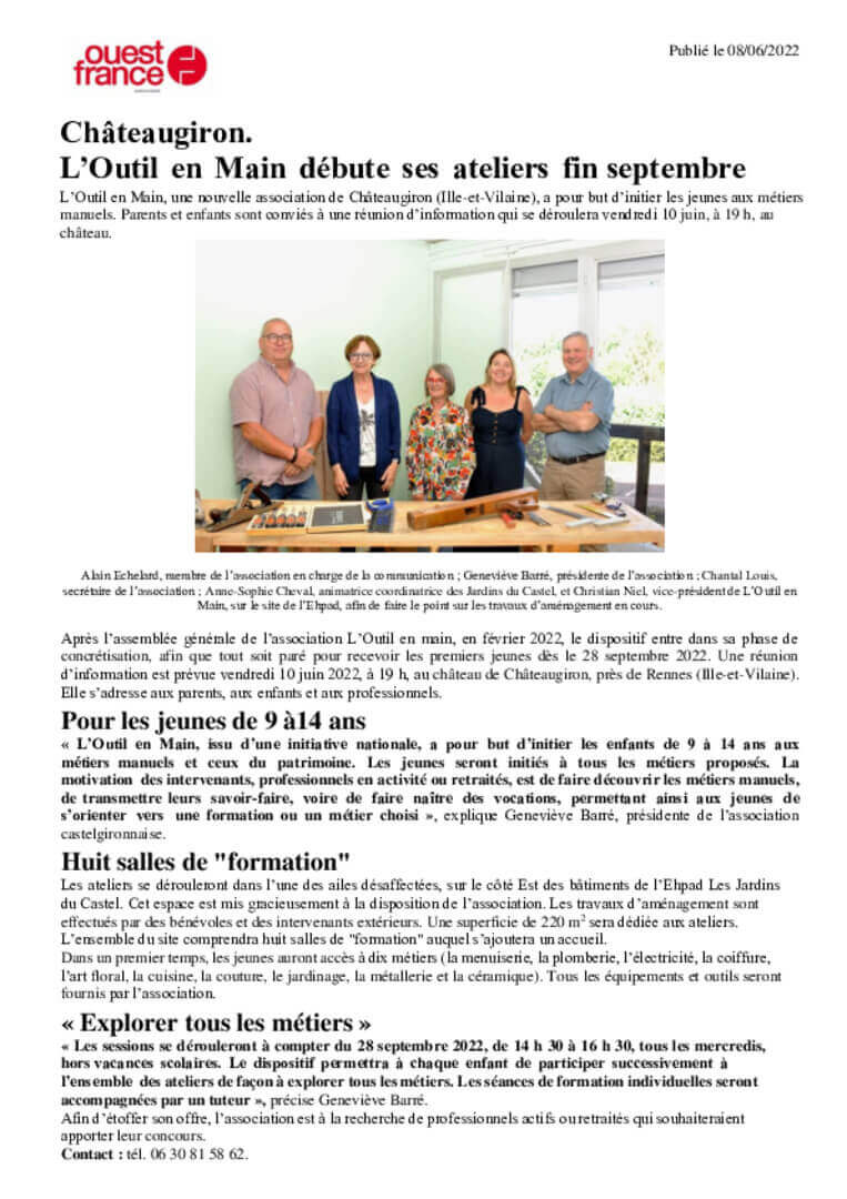 L’Outil en Main débute ses ateliers fin septembre à Châteaugiron (35) - Ouest-France | L'Outil en Main France
