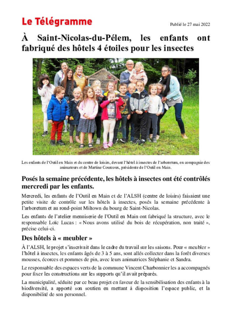 À Saint-Nicolas-du-Pélem (22), les enfants ont fabriqué des hôtels 4 étoiles pour les insectes - Le Telegramme | L'Outil en Main France