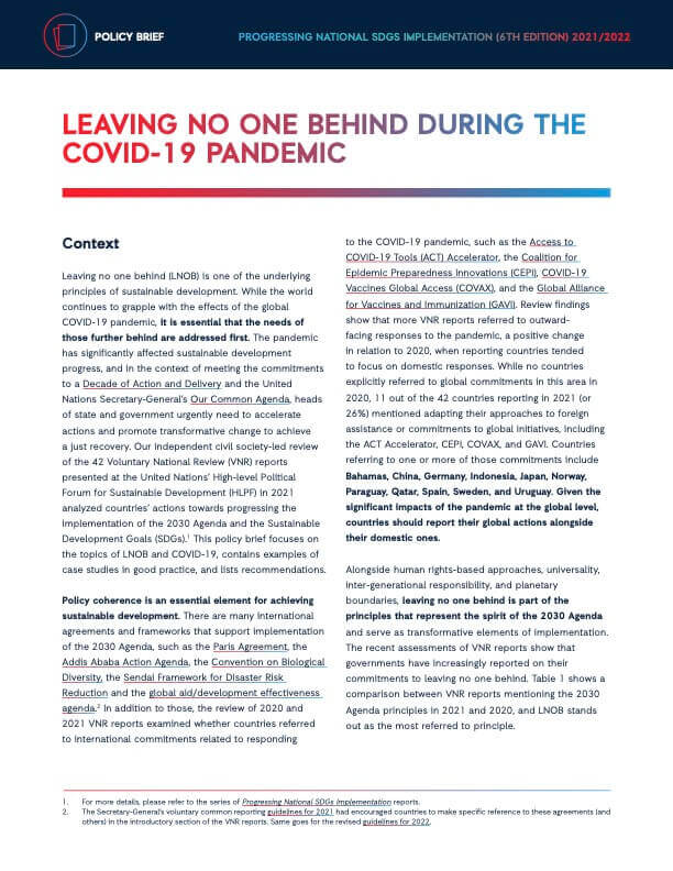 Policy Brief on Leave No One Behind - Progressing National SDGs Implementation report (6th edition) | Forus