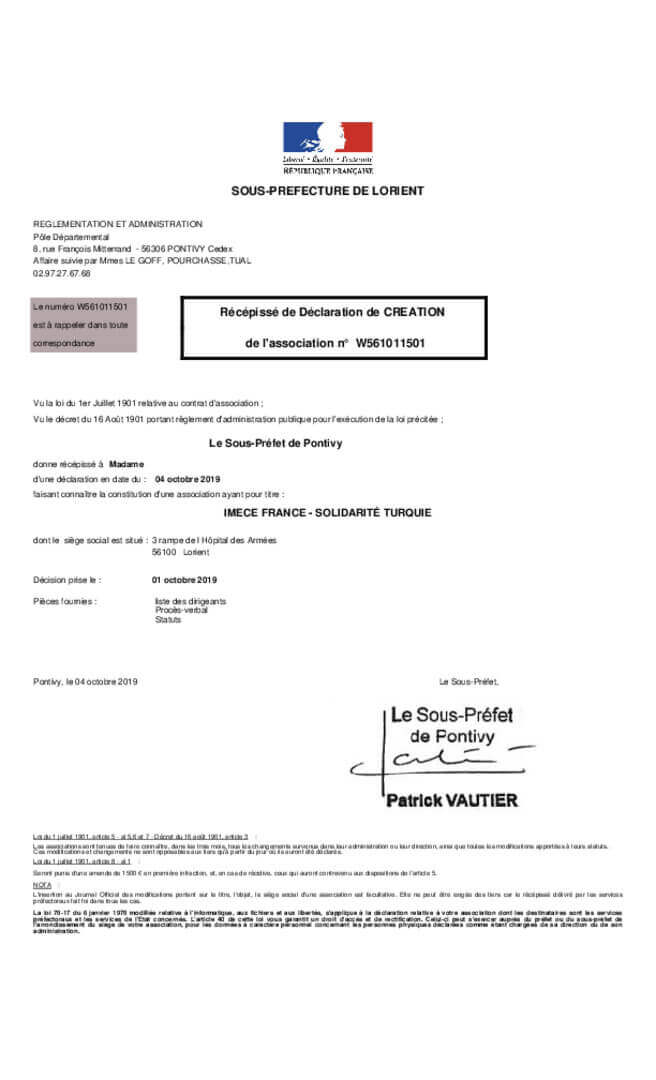Imece France - Déclaration de création de l'association | Imece Inisiyatifi