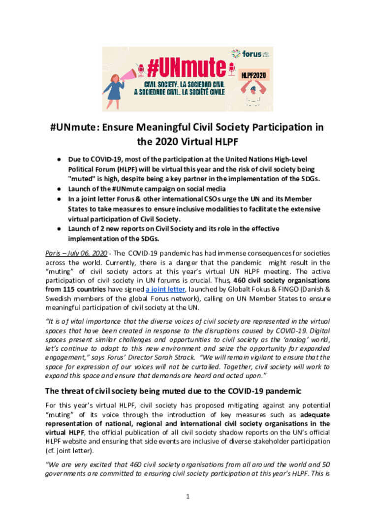 UNmute: Ensure Meaningful Civil Society Participation in the 2020 Virtual HLPF | Forus