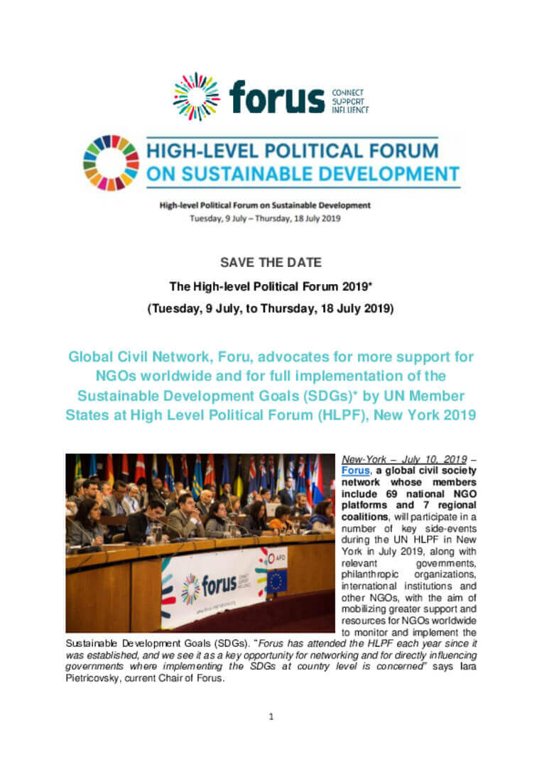 Save the date HLPF 2019 - Forus advocates for more support for NGOs worldwide and for full implementation of the Sustainable Development Goals (SDGs) | Forus