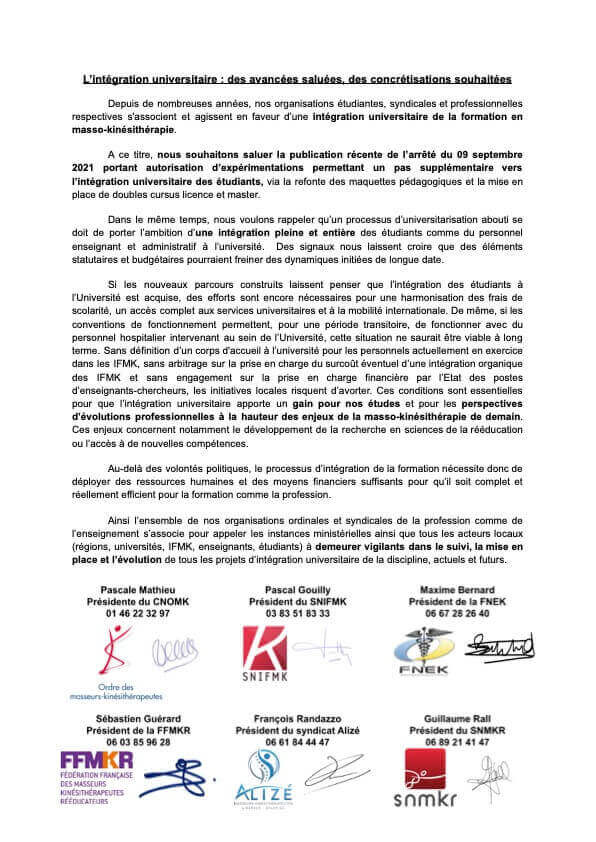 Communiqué commun de l'ensemble des organisations représentant la kinésithérapie concernant l'intégration universitaire | Alizé - Syndicat de kinésithérapeutes