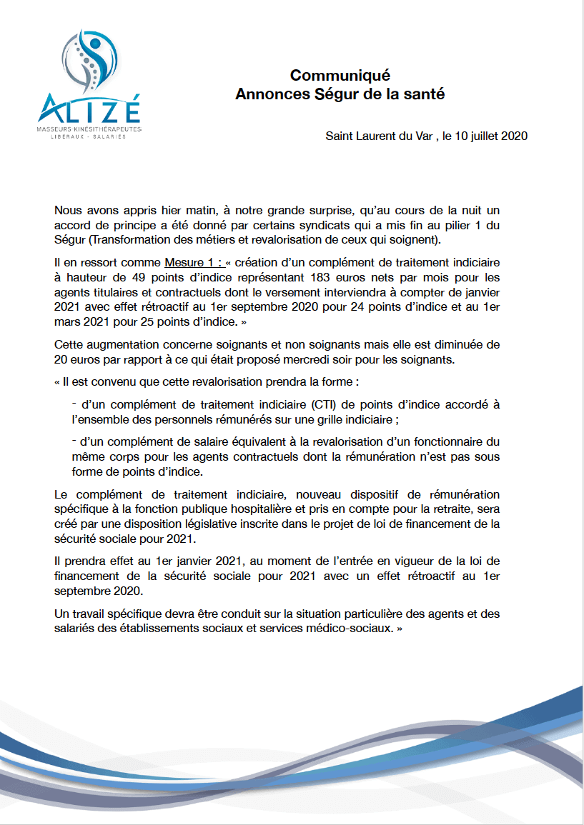 Communiqué sur les annonces concernant le pilier 1 du Ségur de la Santé | Alizé - Syndicat de kinésithérapeutes