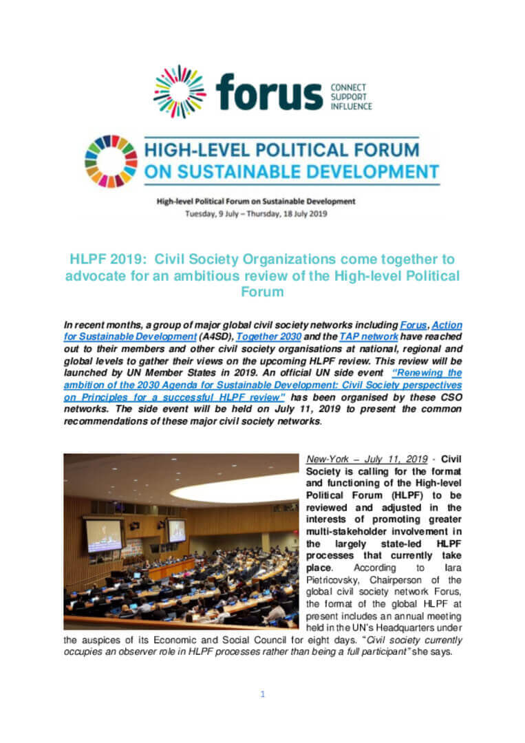HLPF 2019 - Civil Society Organizations come together to advocate for an ambitious review of the High-level Political Forum | Forus