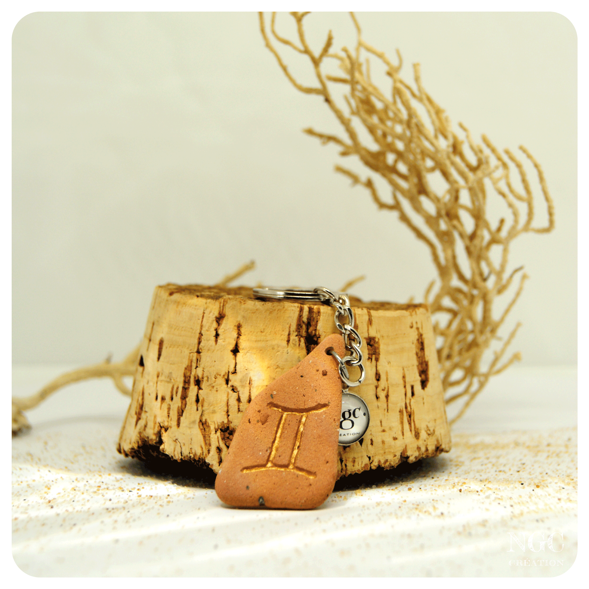 Porte-clés Gémeaux, brique polie et or-cuivré | Ngc Création