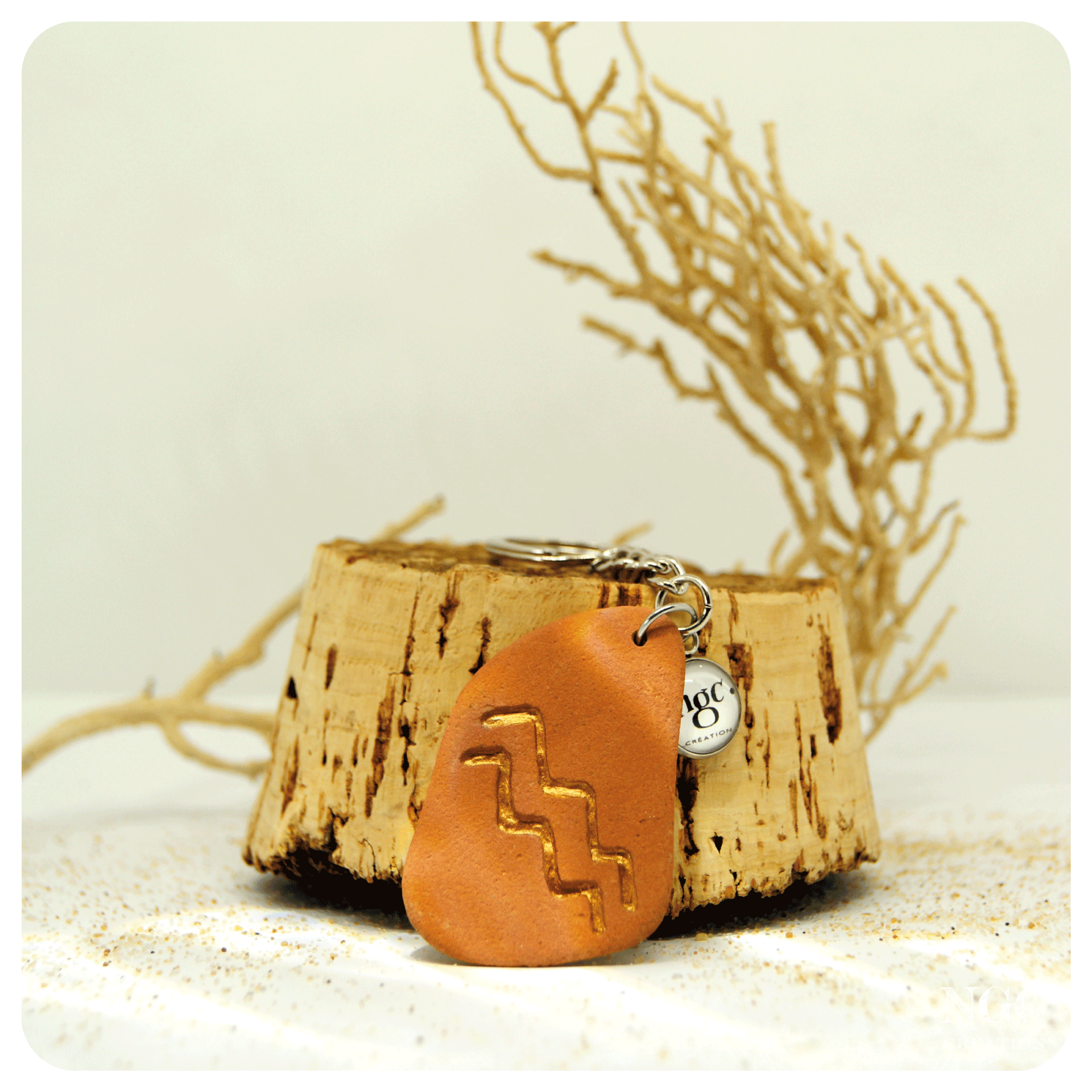 Porte-clés Verseau, brique polie et or-cuivré | Ngc Création