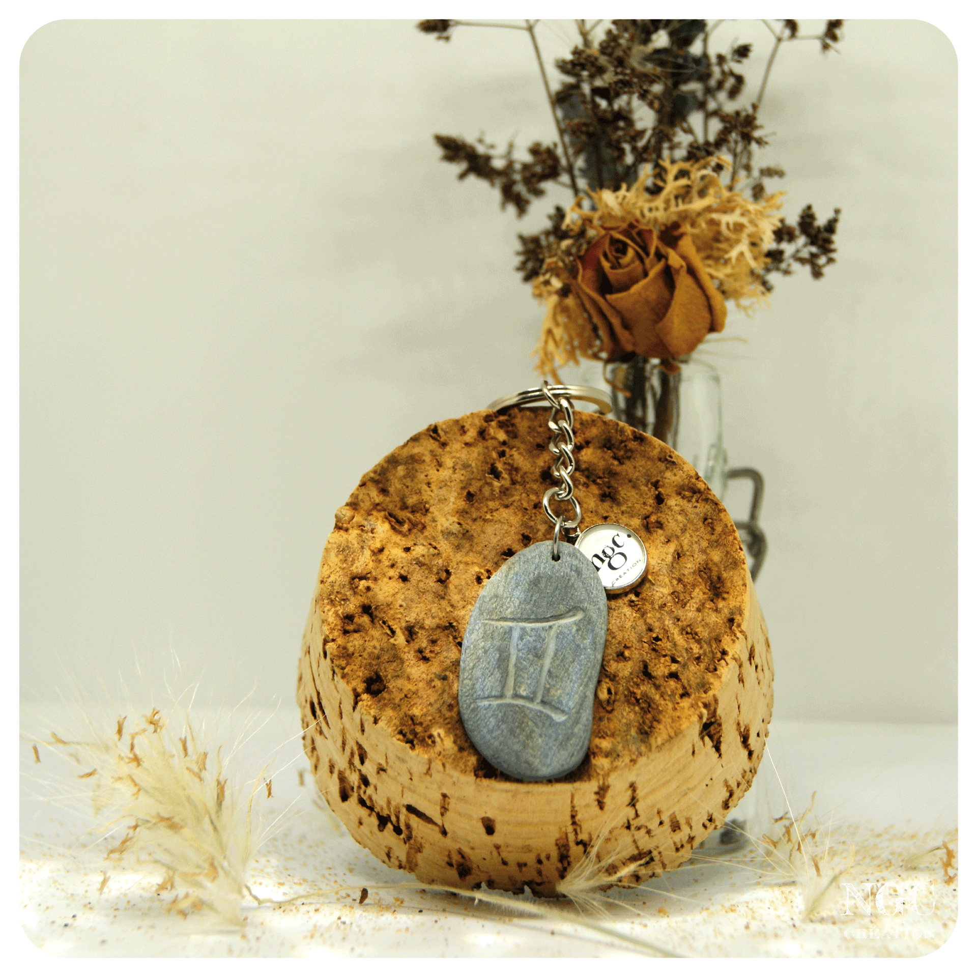 Porte-clés Gémeaux, galet naturel | Ngc Création