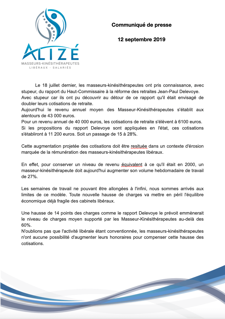 Communiqué de presse 12/09 Réforme des retraites | Alizé - Syndicat de kinésithérapeutes