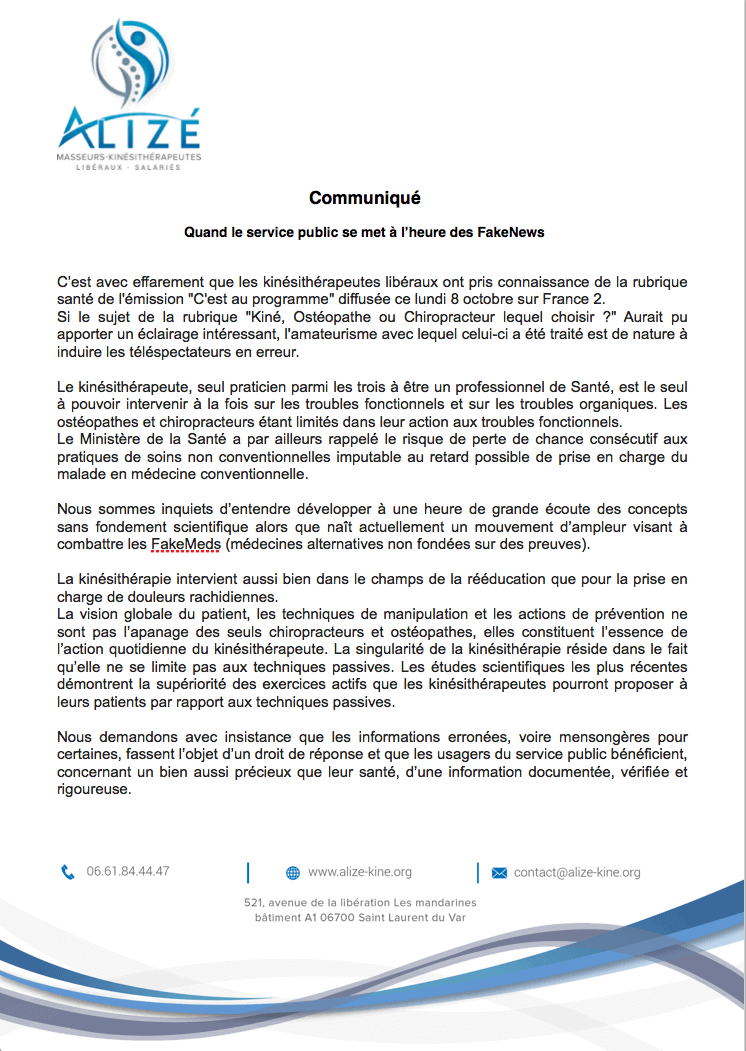 Quand le Service Public se met à l'heure des FakeNews | Alizé - Syndicat de kinésithérapeutes