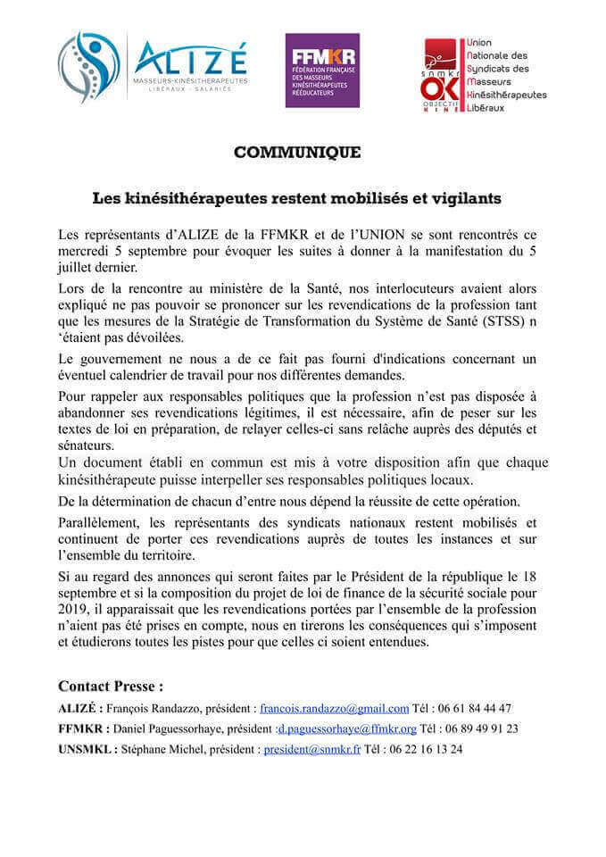 Communiqué Réunion intersyndicale du 5 septembre 2018 | Alizé - Syndicat de kinésithérapeutes