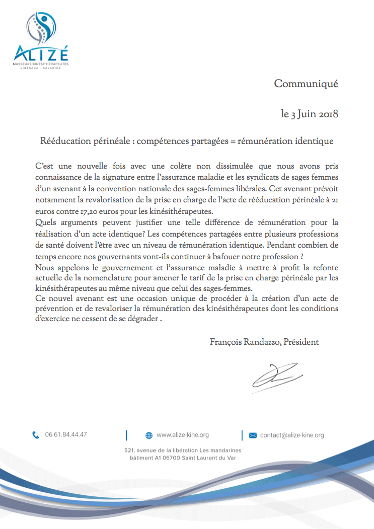 Communiqué du 3 juin 2018 | Alizé - Syndicat de kinésithérapeutes