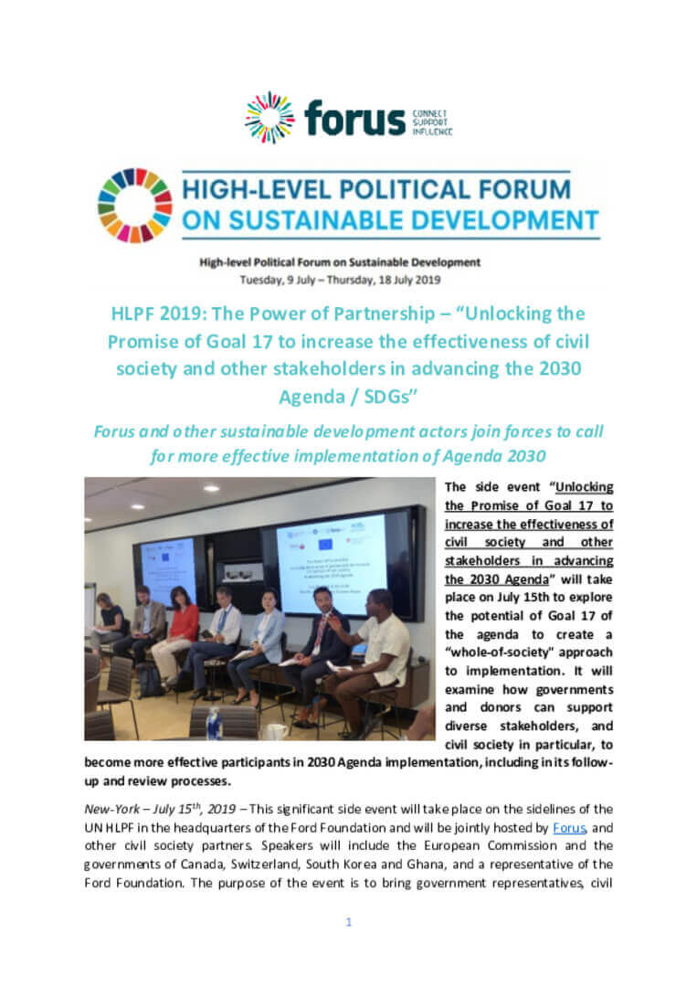 HLPF 2019 - The Power of Partnership – “Unlocking the Promise of Goal 17 to increase the effectiveness of civil society and other stakeholders in advancing the 2030 Agenda” | Forus