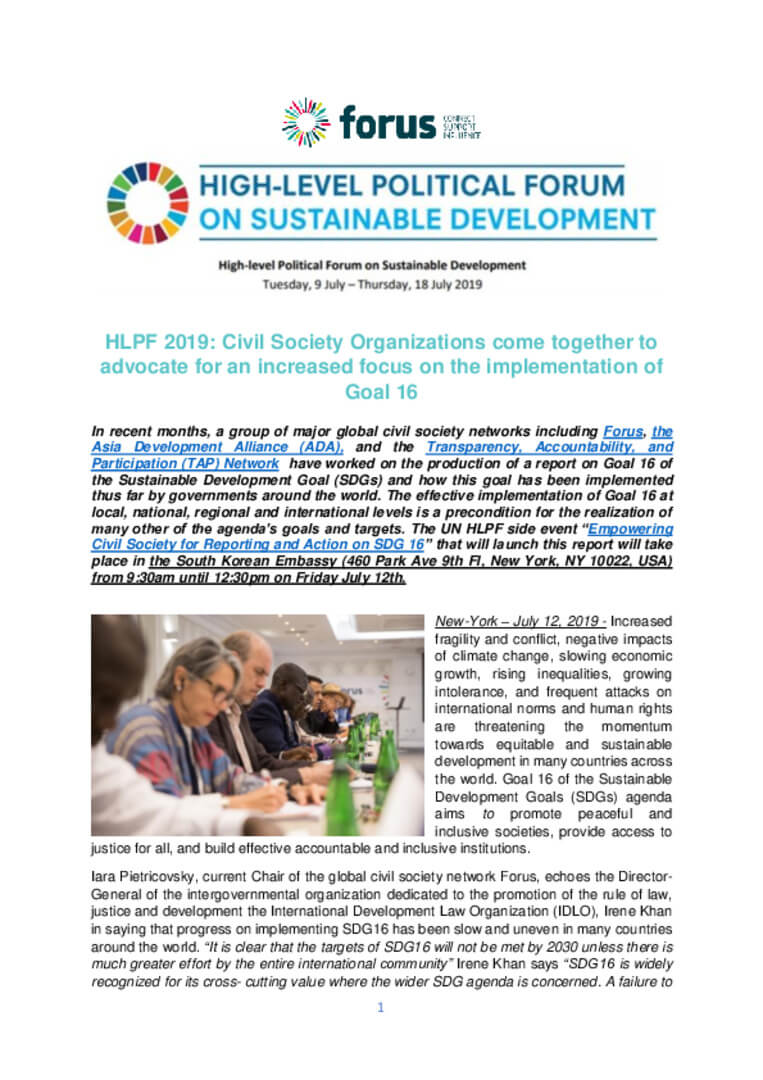 HLPF 2019 - Civil Society Organizations come together to advocate for an increased focus on the implementation of Goal 16 | Forus