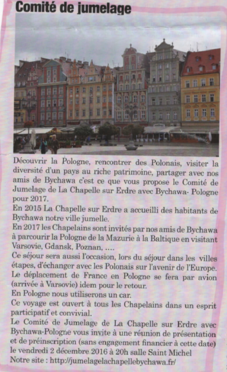 Jumelage La Chapelle sur Erdre Bychawa | CZESC Nantes-Pologne