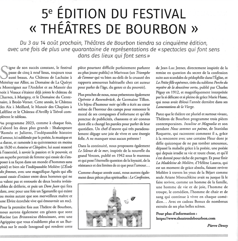 L'Aurore du Bourbonnais - 28 juillet 2023 | Théâtres de Bourbon