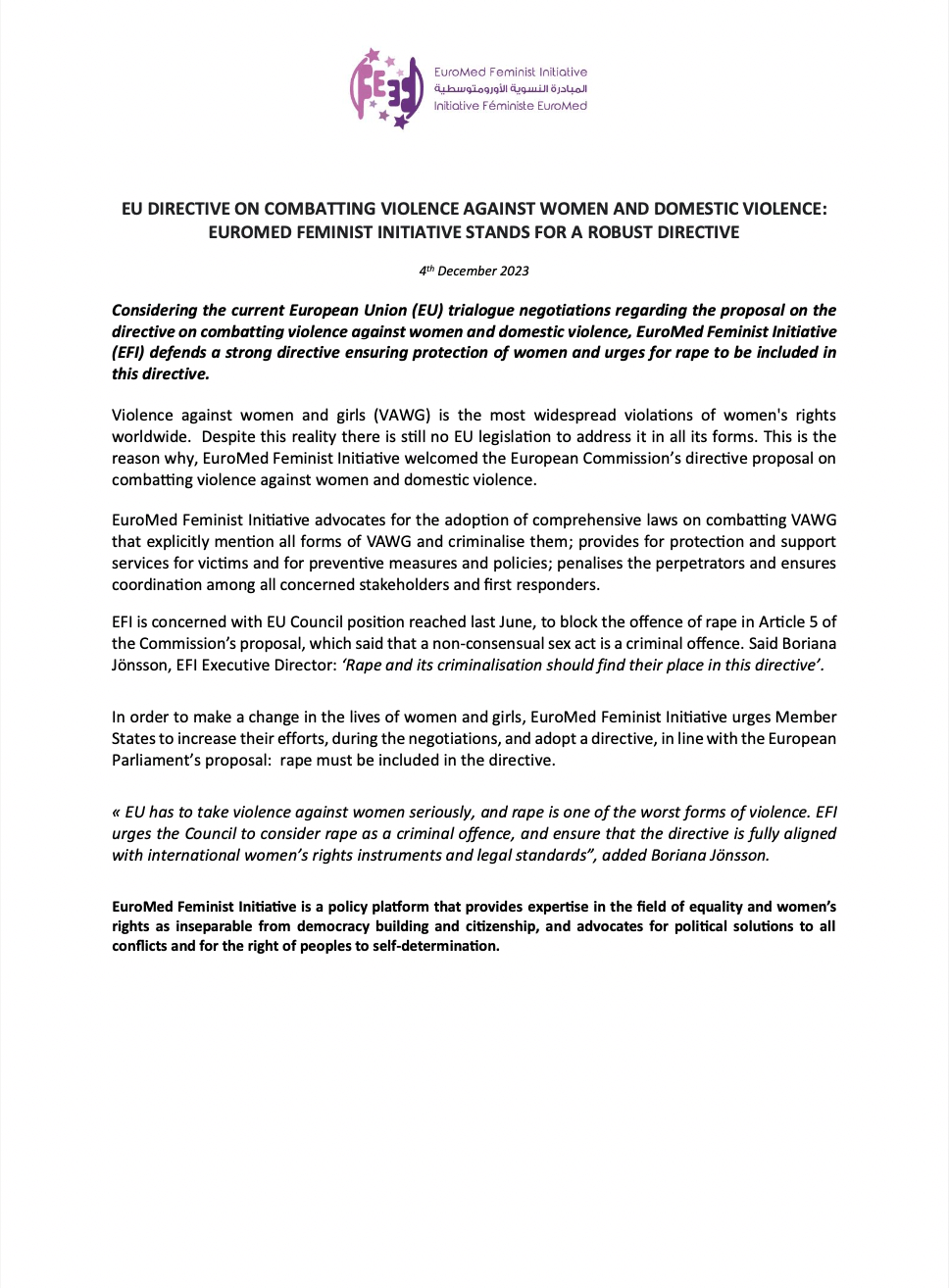 Statement: EU directive on combatting violence against women and domestic violence: EuroMed Feminist Initiative stands for a robust directive | EFI - EuroMed Feminist Initiative