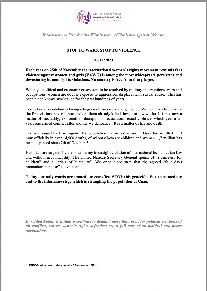 Statement: Stop to wars, stop to violence | EFI - EuroMed Feminist Initiative