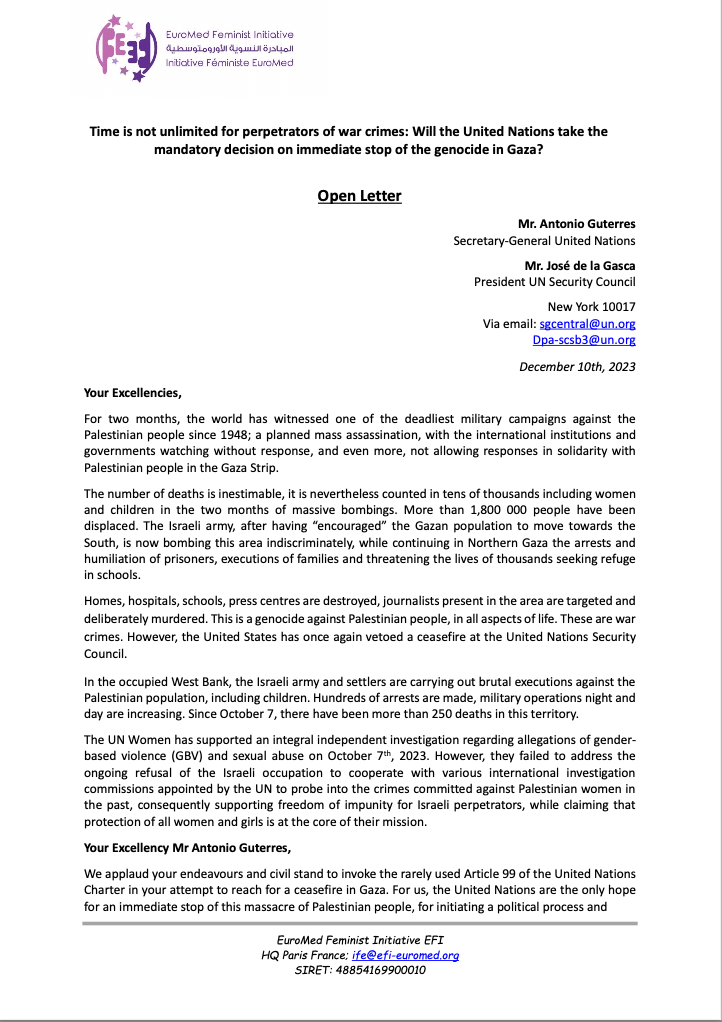 Open letter: Time is not unlimited for perpetrators of war crimes: Will the United Nations take the mandatory decision on immediate stop of the genocide in Gaza? | EFI - EuroMed Feminist Initiative