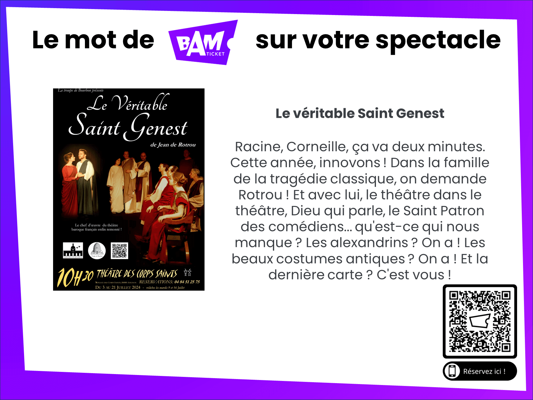 Le Véritable St Genest recommandé à Avignon | Théâtres de Bourbon