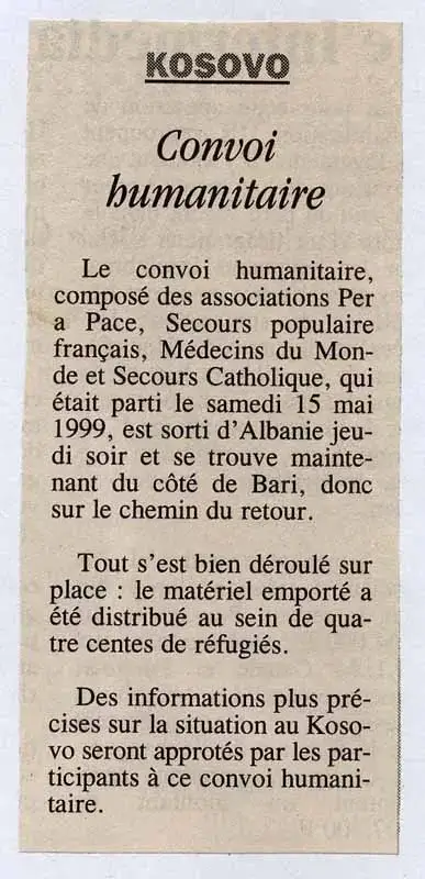 KOSOVO CONVOI HUMANITAIRE | Per a Pace