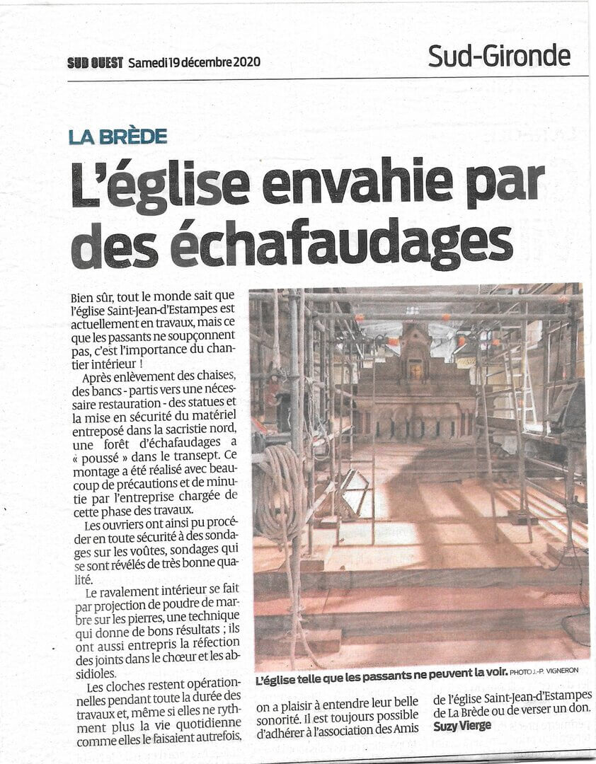 Article de Suzy Vierge dans Sud-Ouest | Association des Amis de l'Eglise Saint Jean d'Etampes de La Brède