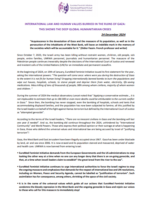 INTERNATIONAL LAW AND HUMAN VALUES BURRIED IN THE RUINS OF GAZA:  THIS SHOWS THE DEEP GLOBAL HUMANITARIAN CRISES | EFI - EuroMed Feminist Initiative