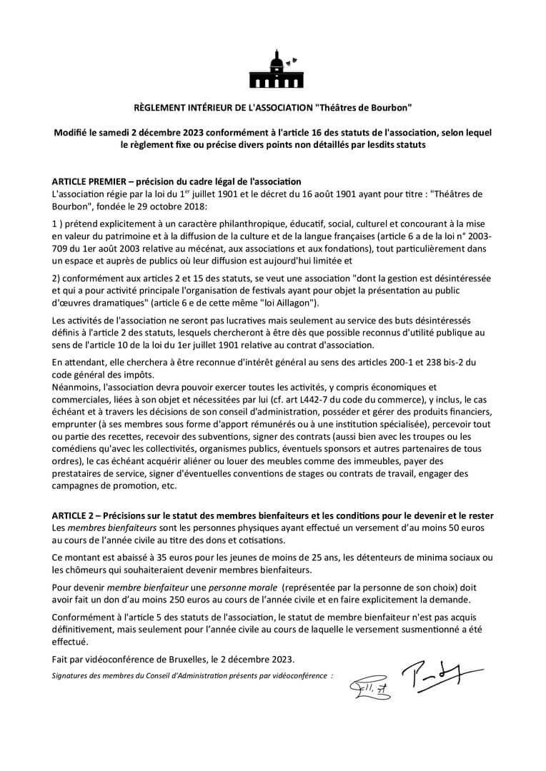 règlement intérieur de l'association | Théâtres de Bourbon