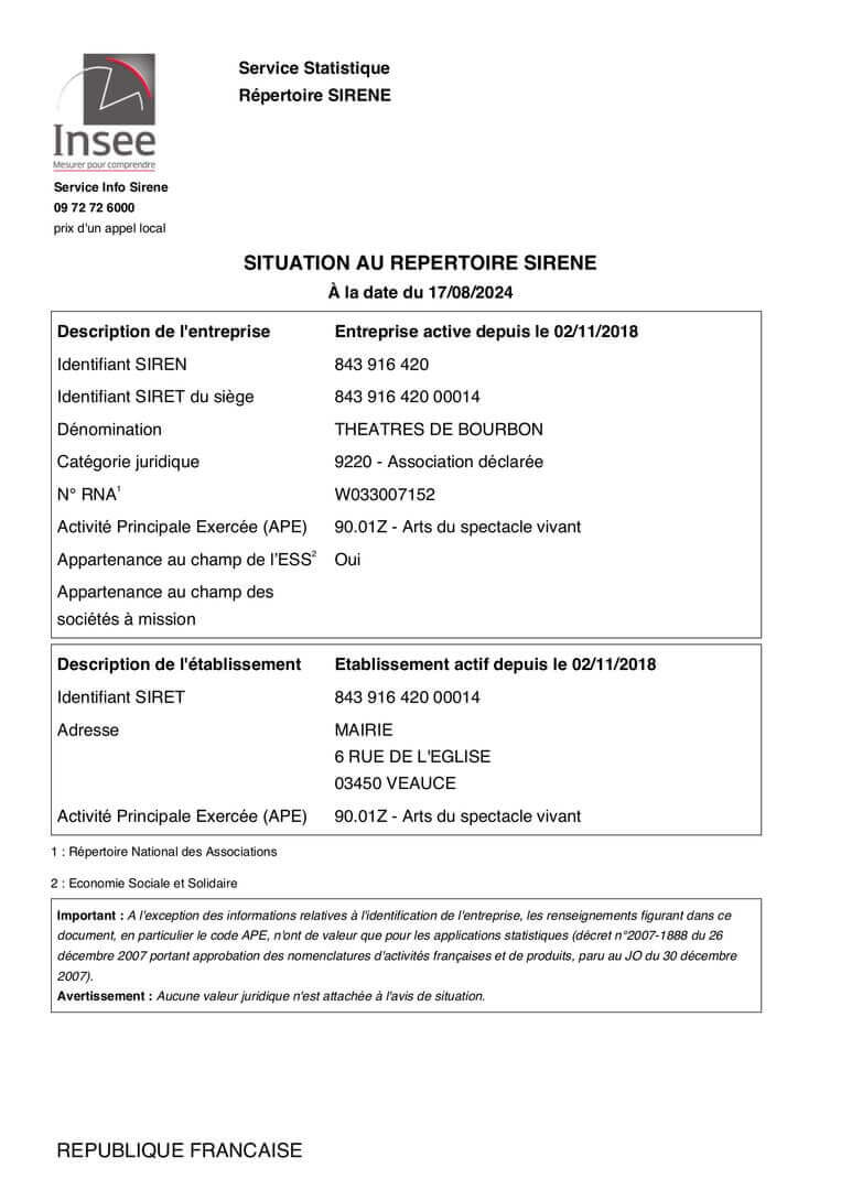 SIRENE de l'association | Théâtres de Bourbon