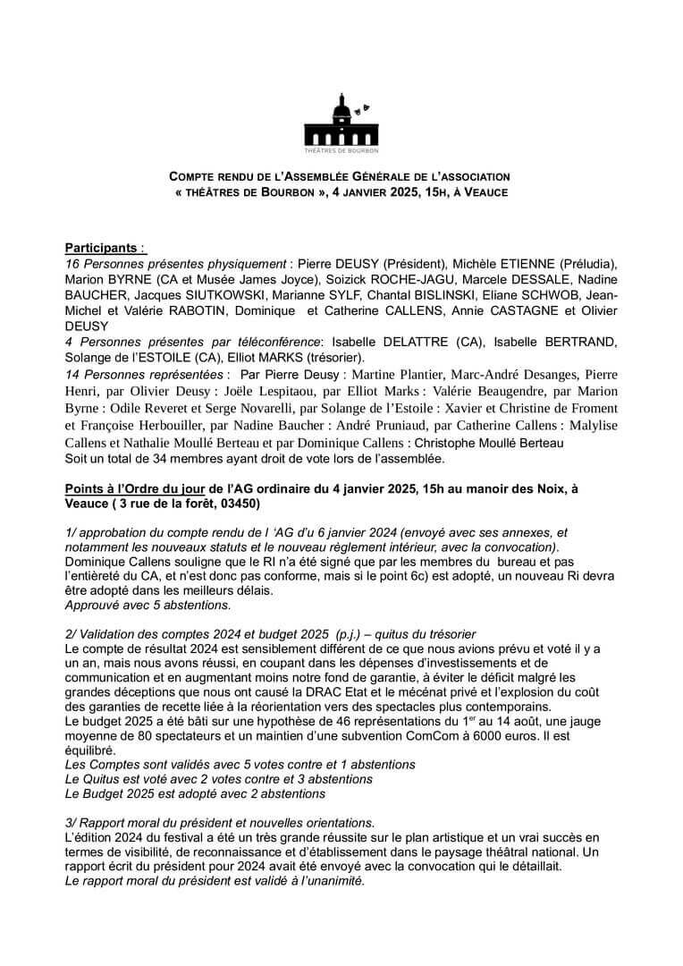Compte rendu AG du 4 janvier 2025 | Théâtres de Bourbon